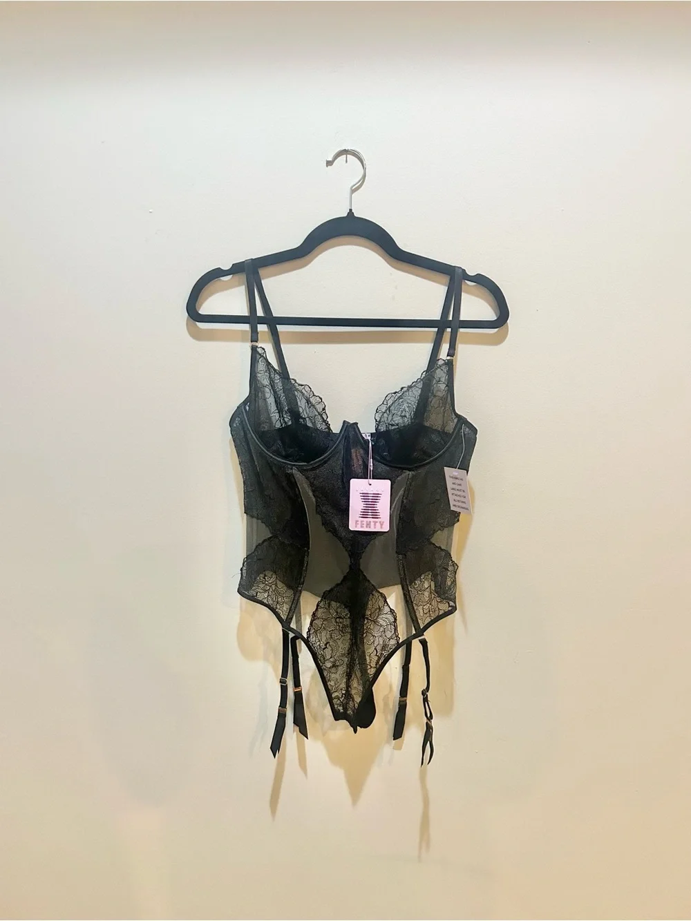 Savage X Fenty Black Lace Bustier Bodysuit with Garters Sz L
